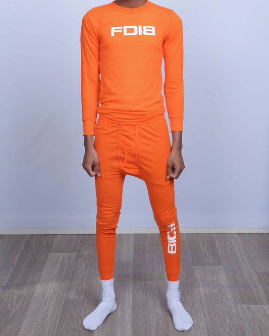 Orange Mens Thermal Tops and Bottom Set With FDIB Black Logo